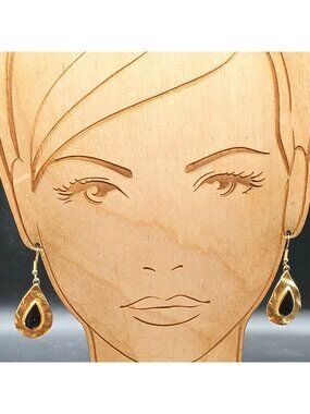 Gold-Tone Dangle Earrings With Black Teardrop Accent Vintage Style